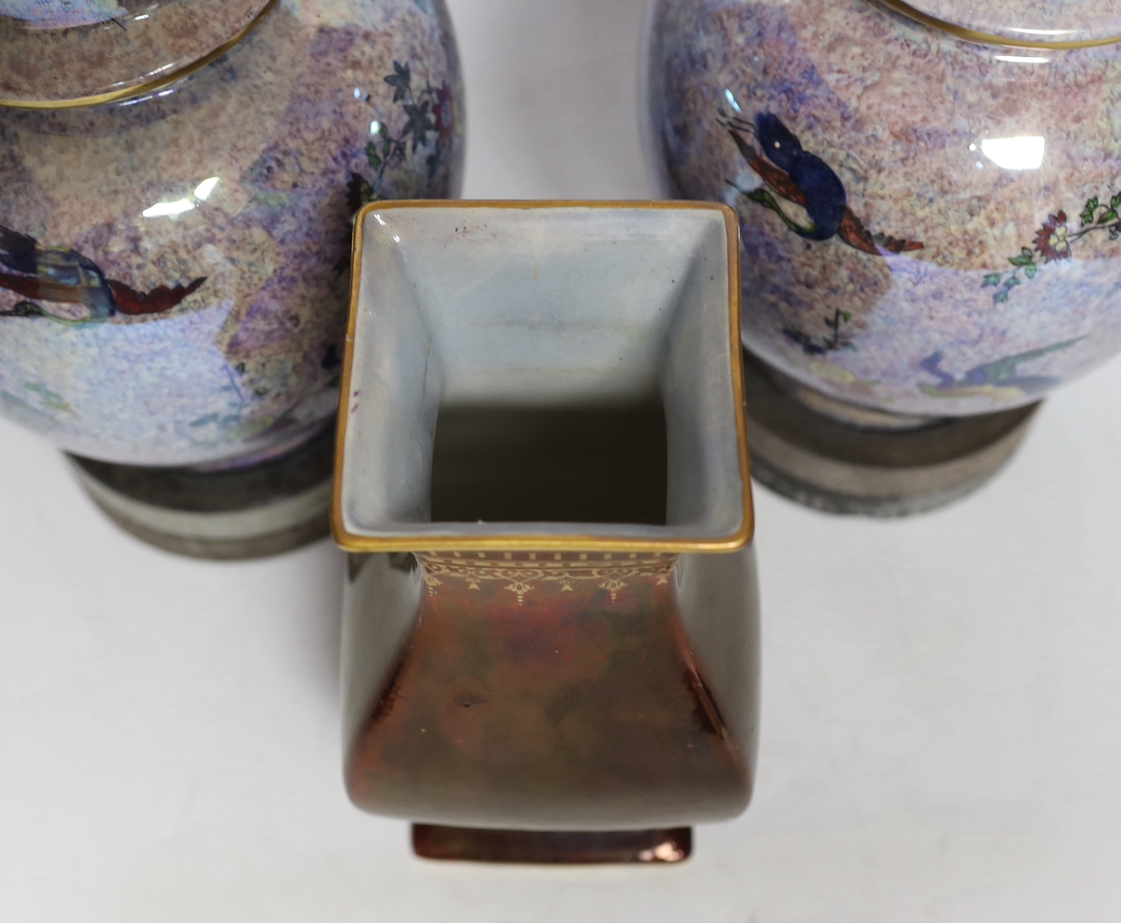 A pair of Wilton ware lustre glazed lidded vases on stands and a Losol vase (3) tallest 30cm